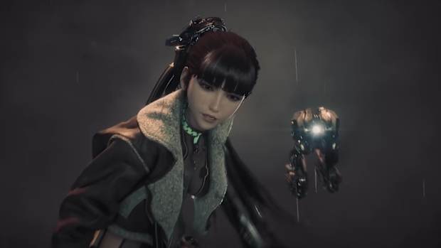 Stellar Blade screenshot showing a young woman and a small floating robot.
